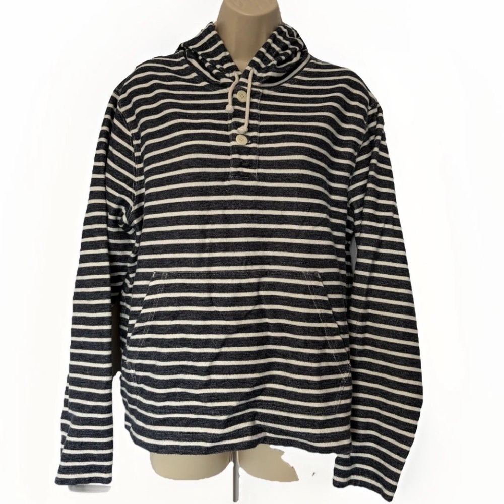 J Crew Hoodie Men’s Sz M Blue Stripe Nautical Pullover Preppy Beach Yacht Breton
